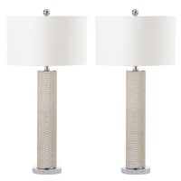 Safavieh Lighting Collection Ollie Modern Contemporary Cream Faux Snakeskin 32-Inch Bedroom Living Room Home Office Desk Nightstand Table Lamp Set Of 2 (Led Bulbs Included)