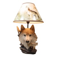 Ebros Gift Wildlife Rustic Full Moon Gray Wolf Akela Head Bust With Howling Wolves On Rocks Sculptural Desktop Side Table Lamp W