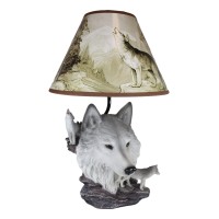 Ebros Gift Wildlife Rustic Full Moon Gray Wolf Akela Head Bust With Howling Wolves On Rocks Sculptural Desktop Side Table Lamp W