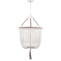 Safavieh Lighting Collection Angie Boho Farmhouse Cream 18-Inch Diameter 3-Light Beaded Adjustable Hanging Pendant Light Fixture With Tassel (Led Bulbs Included)