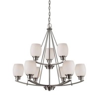 Casual Mission 9-Light Chandelier In In Brushed Nickel With White Lined Glass