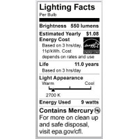 (Pack Of 6) Satco S7361, 9-Watt Candelabra Base T2 Mini Spiral, 2700K, 120V, Equivalent To 40-Watt Incandescent Lamp For Enclosed Fixtures, Compact Fluorescent Bulb