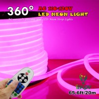 Upgrade] 360A Led Neon Light, Iekova Ac 110-120V Flexible 360 Degree Led Neon Strip Lights, Dimmable Waterproof Neon Led Rope Light Remote Controller For Decoration (656Ft20M, Pink)