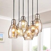 Circular Light Fixture For Dining Rooms And Kitchen Areas | Glass Chandelier Centerpiece Provides Ample Lighting | Round Indoor Hanging Lamp Set Descends From Ceiling To Create Modern Farmhouse Feel