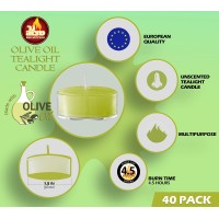 Olive Oil Tea Light Candles - 40 Pack - Clear Cup Unscented Travel, Centerpiece, Decorative Candle - 4.5 Hour Burn Time - By Ner Mitzvah