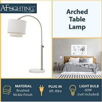 Af Lighting Arched Adjustable Plug-In Table Lamp With Online Rocker Switch, 2-Tiered Fabric Shade, And Marble Base For Home Or Office In Brushed Nickel