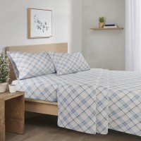 Comfort Spaces Cotton Flannel Breathable Warm Deep Pocket Sheets With Pillow Case Bedding, Queen, Blue Plaid 4 Piece