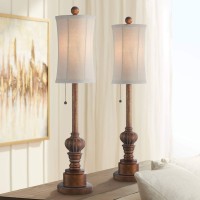 Regency Hill Bertie Traditional Style Buffet Table Lamps 28 Tall Set Of 2 Warm Brown Wood Tone Fabric Drum Shade Decor For Living Room Bedroom House Bedside Nightstand Home Office