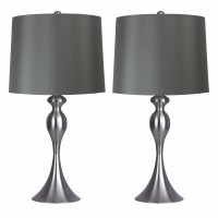 Grandview Gallery Table Lamps With Dark Grey Lamp Shade, Set Of 2 - Brushed Nickel Body With Grey Linen Shade, 26.5