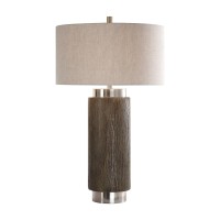 This Lamp Mixes A contemporary Feel With Stacked cylinder Shapes And A Strong Rustic Design With The Faux Wood Base44 Finished In An Old Driftwood Stain44 Accented With A Rottenstone glaze And Brushed Nickel Plated Details46 The Round Hardback Drum Shade 