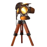 Decoluce Industrial Tripod Floor Table Lamp Vintage Wood Cinema Searchlight Standing Lighting Fixtures Nautical Spotlight Decorations-Not Include E26 Bulbs (Cinema)