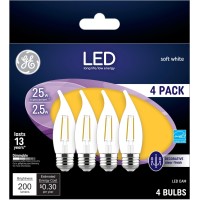 GE 4 Pack LED2DCAMAGC4P 25W Clear Decorative LED Bulb Medium Base Bent Tip 200 Lumens 25W Replacement Color Temperature 2700 Kevin Rated Life 15000 Hours Dimmable MOL 40 Energy Star Approved