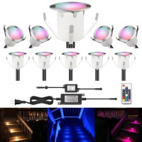 Chnxu Led Outdoor Deck Lights Kits, F1.18In Rgb 10 Pack Silver, Low Voltage 12V Dc Ip67 Waterproof, Multi Color Changing Remote Dimmable, Electric Wired Recessed Stair Step Floor Landscape Lighting