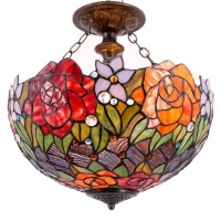 Werfactory Tiffany Ceiling Light Fixture Red Yellow Rose Stained Glass Semi Flush Mount Lamp Wide 16 Inch Height 15 Inch Tiffany Ceiling Lamp S001 Series