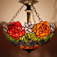 Werfactory Tiffany Ceiling Light Fixture Red Yellow Rose Stained Glass Semi Flush Mount Lamp Wide 16 Inch Height 15 Inch Tiffany Ceiling Lamp S001 Series