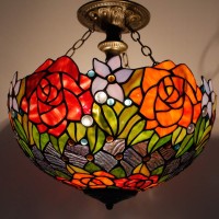 Werfactory Tiffany Ceiling Light Fixture Red Yellow Rose Stained Glass Semi Flush Mount Lamp Wide 16 Inch Height 15 Inch Tiffany Ceiling Lamp S001 Series