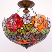 Werfactory Tiffany Ceiling Light Fixture Red Yellow Rose Stained Glass Semi Flush Mount Lamp Wide 16 Inch Height 15 Inch Tiffany Ceiling Lamp S001 Series