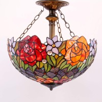 Werfactory Tiffany Ceiling Light Fixture Red Yellow Rose Stained Glass Semi Flush Mount Lamp Wide 16 Inch Height 15 Inch Tiffany Ceiling Lamp S001 Series