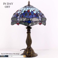 Werfactory Tiffany Table Lamp Blue Stained Glass Dragonfly Style Bedside Desk Reading Light 12X12X18 Inches Decor Bedroom Living Room Home Office S004 Series