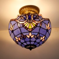 Werfactory Tiffany Ceiling Light Fixture Blue Purple Baroque Stained Glass Semi Flush Mount Lamp Wide 12 Inch, Height 11 Inch S003C Series