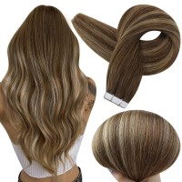 Full Shine Balayage Tape In Real Human Hair Extensions 24 Inch Skin Weft Human Hair Extensions Tape In Hair Color 4 Fading To 24 Honey Blonde Highlight 4 Medium Brown Glue In Hair Extensions 50 Grams