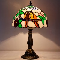 Werfactory Tiffany Table Lamp Stained Glass Bedside Lamp Double Tropical Birds Desk Reading Light 12X12X18 Inches Decor Bedroom