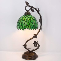 Werfactory Tiffany Style Lamp Green Wisteria Stained Glass Table Desk Reading Light, Metal Leaf Base 8X10X21 Inches Decor Small Space Bedroom Home Office S523 Series