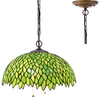 Werfactory Tiffany Pendant Light Fixture Green Wisteria Stained Glass Hanging Lamp Wide 16 Inch, Height 40 Inch S523 Series