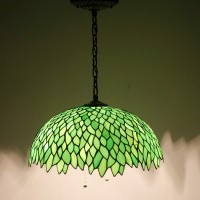 Werfactory Tiffany Pendant Light Fixture Green Wisteria Stained Glass Hanging Lamp Wide 16 Inch, Height 40 Inch S523 Series