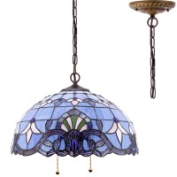 Werfactory Tiffany Pendant Light Fixture Blue Purple Baroque Stained Glass Hanging Lamp Wide 16 Inch, Height 40 Inch S003C Series