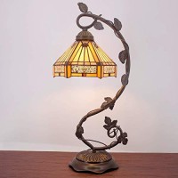 Werfactory Tiffany Lamp Stained Glass Table Lamp Yellow Hexagon Mission Bedside Desk Reading Light Metal Leaf Base 8X10X21 Inches Decor Small Space Bedroom Home Office S011 Series