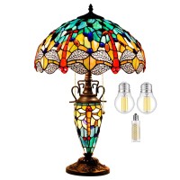 Werfactory Tiffany Table Lamp Sea Blue Yellow Stained Glass Dragonfly Mather-Daughter Vase Table Lamp 16X16X24 Inches Desk Light Decor Bedroom Living Room Home Office S128 Series