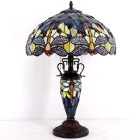 Werfactory Tiffany Table Lamp Sea Blue Yellow Stained Glass Dragonfly Mather-Daughter Vase Table Lamp 16X16X24 Inches Desk Light Decor Bedroom Living Room Home Office S128 Series