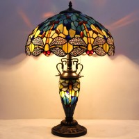 Werfactory Tiffany Table Lamp Sea Blue Yellow Stained Glass Dragonfly Mather-Daughter Vase Table Lamp 16X16X24 Inches Desk Light Decor Bedroom Living Room Home Office S128 Series