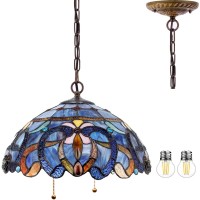 Werfactory Tiffany Pendant Light Fixture Blue Purple Cloud Stained Glass Hanging Lamp Wide 16 Inch, Height 40 Inch S558 Series