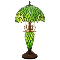 Werfactory Tiffany Style Table Lamp Green Wisteria Stained Glass Lamp 12X12X22 Inches Mother-Daughter Vase Desk Reading Light Decor Bedroom Living Room Home Office S523 Series