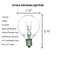 Sunsgne Clear Globe G40 Bulbs Replacement Screw Base Light Bulbs 1.5-Inch, 5 Watt - Fits E12 And C7 Sockets, 25 Pack