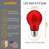 Sunlite Led Colored Filament A19 Light Bulb, 4.5 Watts, Medium E26 Base, 120 Volts, Transparent Red, Dimmable, 320 Degree Beam Angle, Ul Listed, 2 Count