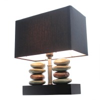 Rectangular Dual Stacked Stone Ceramic Table Lamp With Black Shade