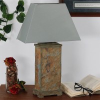 Sunnydaze 24-Inch Indoor/Outdoor Table Lamp - Weather Resistant Natural Slate Light - Gray Cotton Lampshade