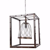 Showcasing a simple contemporary structure this Karlin Chandelier is an intriguing piece It showcases a finely cube shaped frame along with nail head trimming and the glass lamp in the center holding a candle bulb