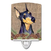 Carolines Treasures Ss4085Cnl Doberman On Faux Burlap With Pine Cones Ceramic Night Light Compact Ulcertified Ideal For Bedr