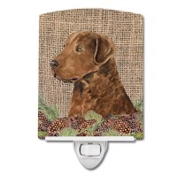 Carolines Treasures Ss4108Cnl Curly Coated Retriever On Faux Burlap With Pine Cones Ceramic Night Light Compact Ulcertified