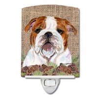 Carolines Treasures Ss4075Cnl Bulldog English On Faux Burlap With Pine Cones Ceramic Night Light Compact Ulcertified Ideal F