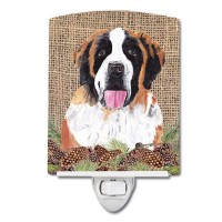 Carolines Treasures Sc9041Cnl Saint Bernard Faux Burlap And Pine Cones Ceramic Night Light Compact Ulcertified Ideal For Bed