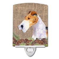 Carolines Treasures Ss4069Cnl Fox Terrier On Faux Burlap With Pine Cones Ceramic Night Light Compact Ulcertified Ideal For B