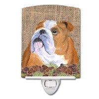 Carolines Treasures Ss4082Cnl Bulldog English On Faux Burlap With Pine Cones Ceramic Night Light Compact Ulcertified Ideal F