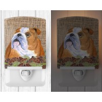 Carolines Treasures Ss4082Cnl Bulldog English On Faux Burlap With Pine Cones Ceramic Night Light Compact Ulcertified Ideal F