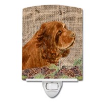 Carolines Treasures Ss4099Cnl Sussex Spaniel On Faux Burlap With Pine Cones Ceramic Night Light Compact Ulcertified Ideal Fo