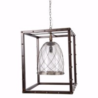 Slickly accentuated with nail head trimming over the edges along with a cube shaped frame this Karlin Chandelier is contemporary It features a lamp in the center with gentle designing on the glass that holds the candle bulb